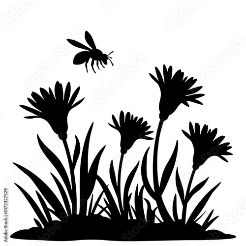 Silhouette of flowers and a bee buzzing in nature  