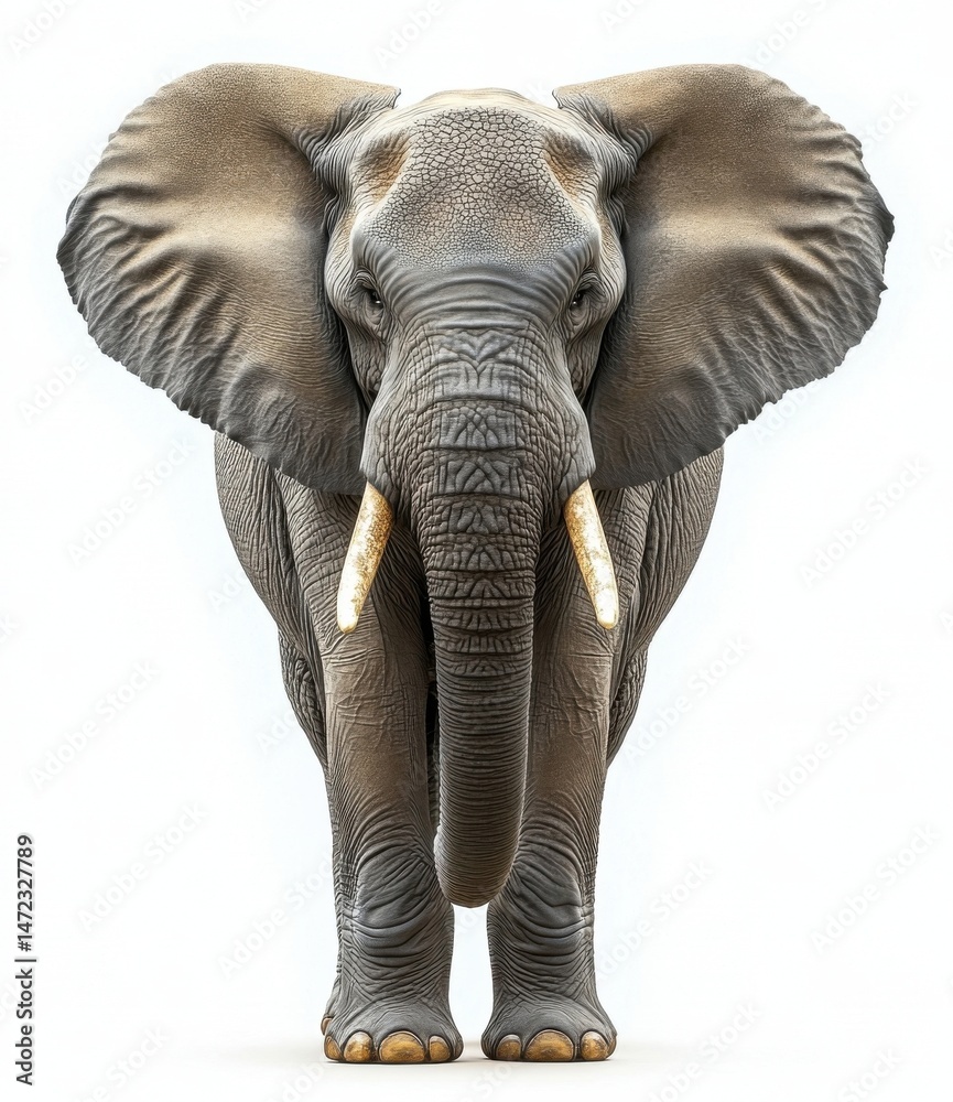 Fototapeta premium A majestic African elephant, viewed from the front, stands majestically against a stark white background. Its large ears, wrinkled skin, and ivory tusks are clearly visible, showcasing : Generative AI