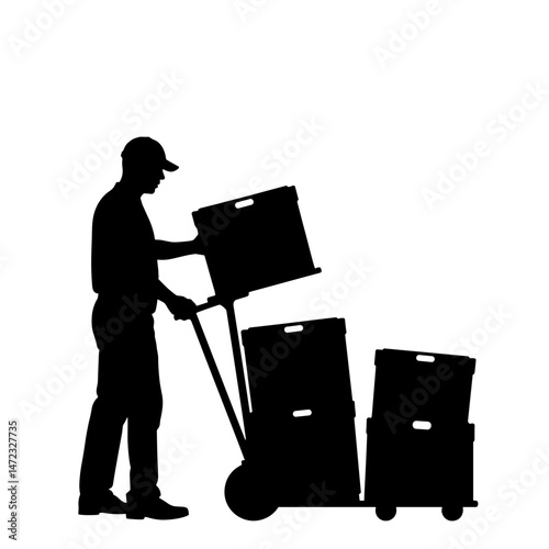 Silhouette of Cold Storage Worker Moving Crates with Hand Truck, Logistics and Transportation Concept