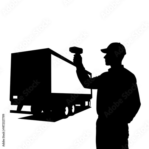 Silhouette of worker with thermal scanner checking trailer, logistics and safety inspection concept