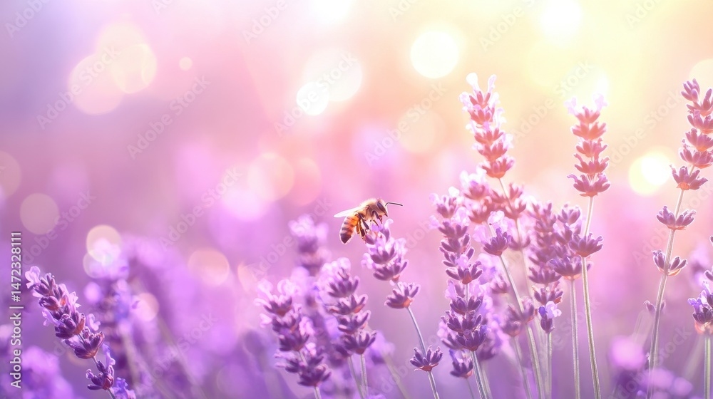 Obraz premium Delicate lavender flowers blooming, vibrant purple hues with soft bokeh background, perfect for wellness or nature themes.