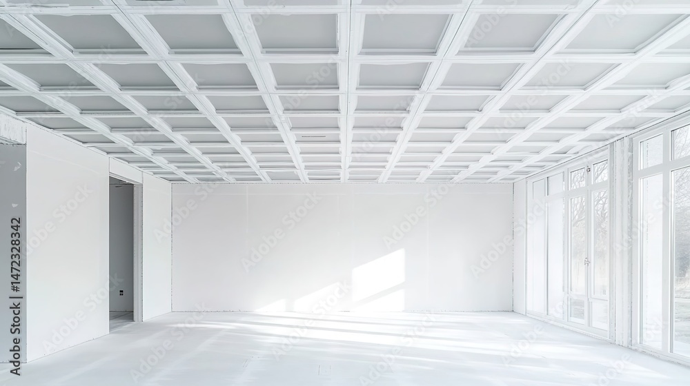 Obraz premium An empty room with grid ceiling, white walls, large glass doors, sunlight, and light-gray floors.
