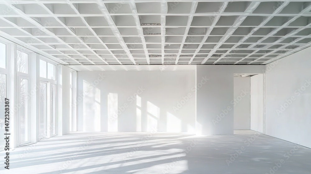 Obraz premium An empty room with grid ceiling, white walls, large glass doors, sunlight, and light-gray floors.