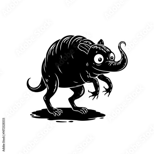 Whimsical Ink Drawing of a Curious Fantasy Creature with Large Eyes and Trunk