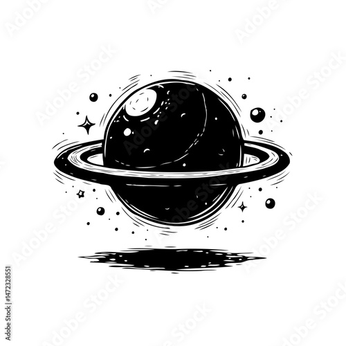 Monochromatic celestial depiction of a ringed planet in cosmic isolation