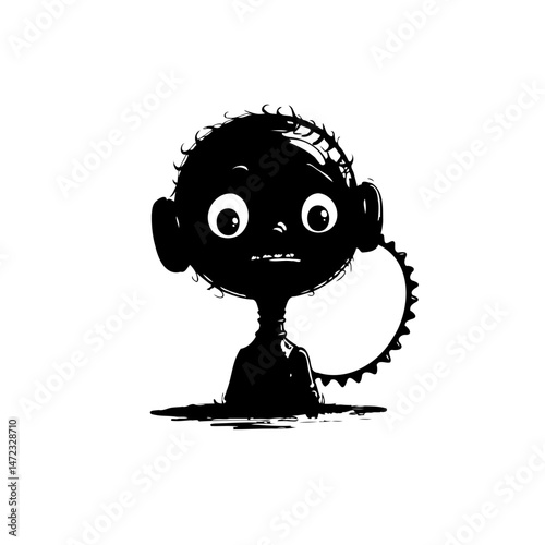 Monochromatic whimsical illustration of a stylized character with gear element