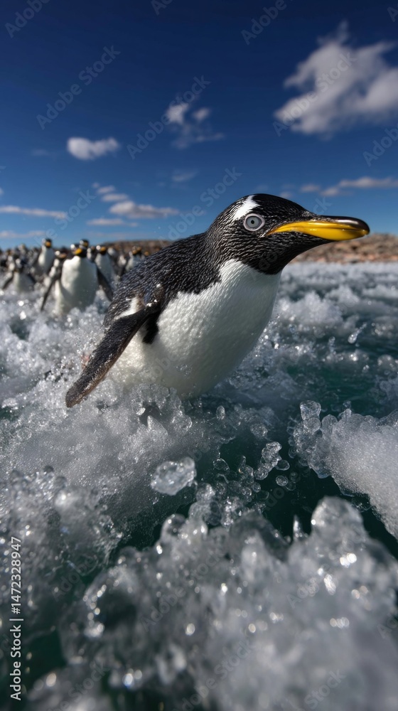 Fototapeta premium A group of penguins swimming through frothy ocean waves