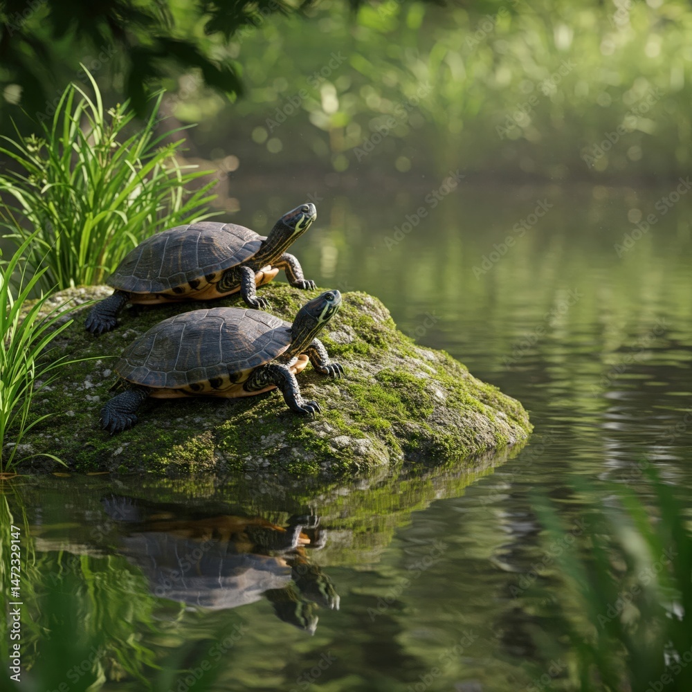 Obraz premium Two Turtles Resting on Rock Near Calm Lake with Reflections – World Turtle Day | World Sea Turtle Day | Sea Turtle | Save Turtle | 4K HD High Quality Turtle Laptop Desktop Wallpaper Background