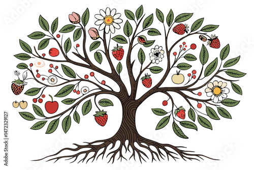 43 Botanical illustration, tree of life, diverse fruits and flowers, intricate root system, symmetrical composition, vibrant colors, detailed leaves, apple, strawberry, cherry blossom, daisy, scientif
