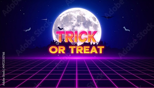 Retro-style neon 'Trick or Treat' text against a full moon background, featuring bats in the night sky.