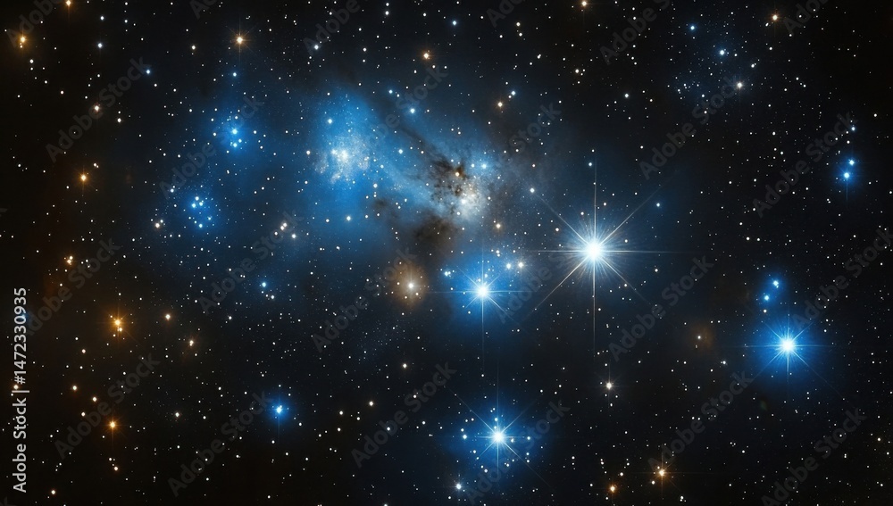 Fototapeta premium A mesmerizing cosmic scene unfolds, showcasing a vibrant nebula bathed in shades of blue and gold, studded with countless twinkling stars of varying brightness, creating a breathtaking : Generative AI