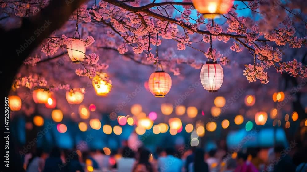 Magical night at a lantern festival with glowing lights hanging from cherry blossom trees – perfect blend of tradition and beauty.