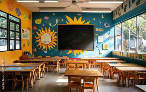 Bright and colorful classroom with tables and chairs, ready for learning.