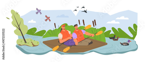 People on kayaking and rafting adventures. Outdoor tourism experience. Kayaking and rafting spots banner design, flat vector illustration isolated on white.