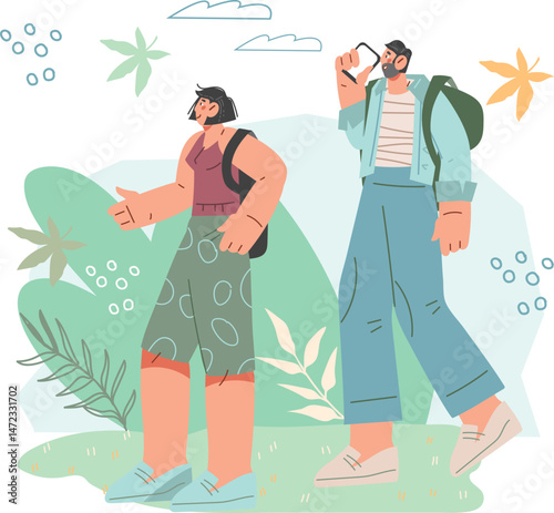 Young couple going hiking and enjoying nature walks together. Outdoor activities and tourism concept of banner, flat vector illustration isolated on white.