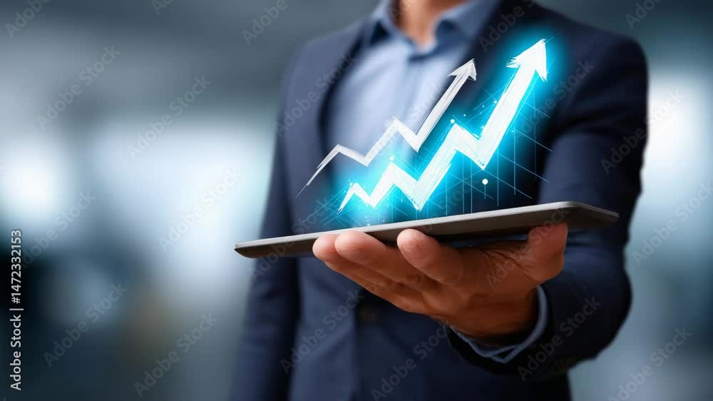 A professional man holding a tablet with financial growth graphs displayed.