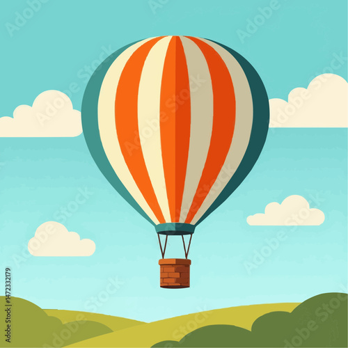 Hot air balloon flying over green hills and blue sky  
