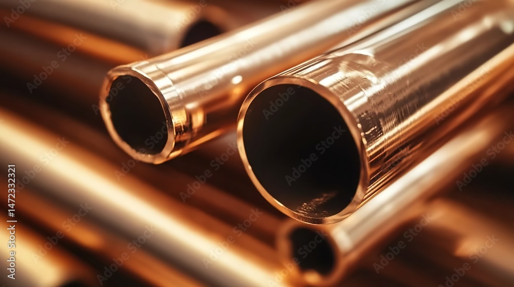 Naklejka premium Close-up of shiny copper pipes arranged in a row with metallic luster.