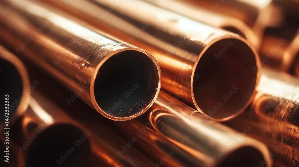 Naklejka premium Close-up of shiny copper pipes arranged in a row with metallic luster.