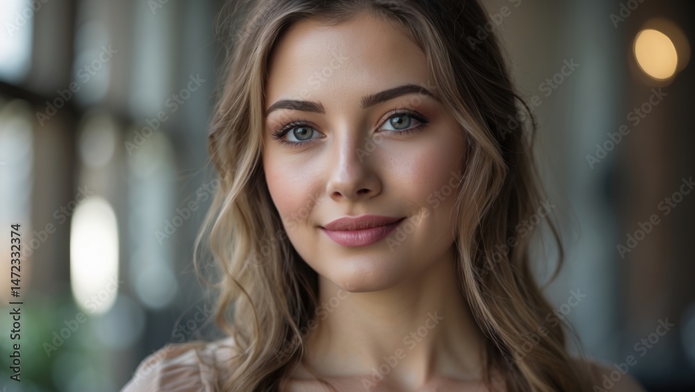 A portrait of a young woman with blue eyes and a soft smile, showcasing natural beauty in a softly lit indoor space A portrait of a young woman with blue eyes and a soft smile, showcasing natural beauty in a softly lit indoor space