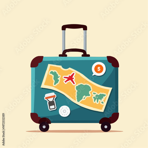 Vintage suitcase with travel stickers and map on a plain background, perfect for travel agencies, bloggers, or mobile apps  