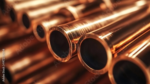 Close-up of shiny copper pipes arranged in a row with metallic luster.