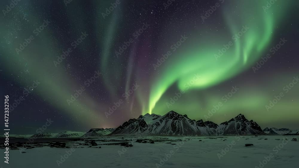 Captivating Aurora Borealis Display over Snowy Mountain Peaks at Night Captivating Aurora Borealis Display over Snowy Mountain Peaks at Night