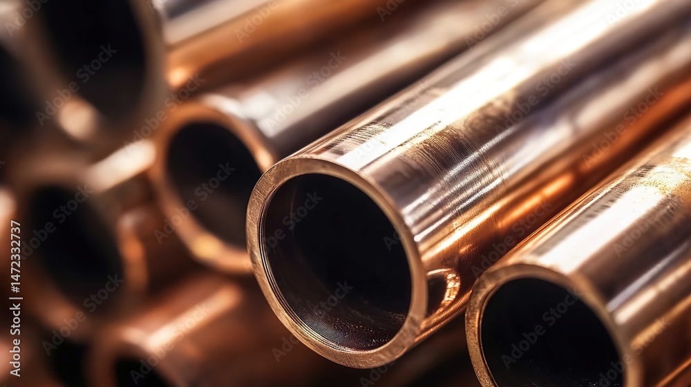 Naklejka premium Close-up of shiny copper pipes arranged in a row with metallic luster.