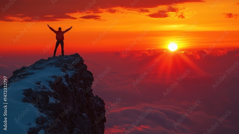 Man on mountaintop at sunrise. Silhouette of a person standing on a snow-capped peak, arms raised in triumph, at sunrise over a vast expanse of clouds Man on mountaintop at sunrise. Silhouette of a person standing on a snow-capped peak, arms raised in triumph, at sunrise over a vast expanse of clouds