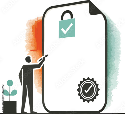 Illustration of a person approving a document symbolizing secure agreement and completion