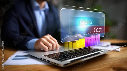 Person analyzing data on a laptop with quality and cost metrics displayed.