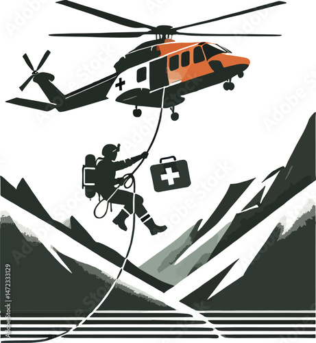 Rescue helicopter scene with paramedic and medical kit in mountainous region vector illustration