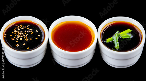 Three small white bowls of sauces