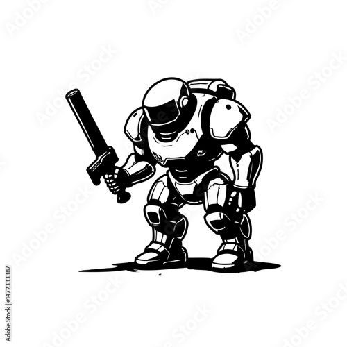 Stylized depiction of a futuristic warrior clad in heavy armor holding a weapon