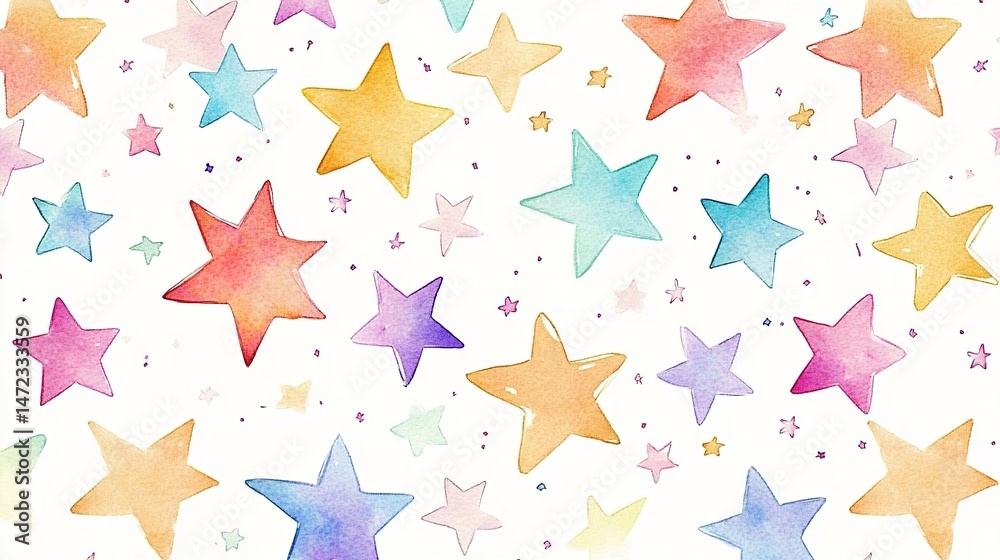 Obraz premium Watercolor stars in pink, yellow, blue on white with gradient effect.