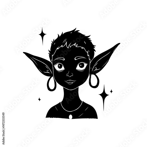 Enigmatic monochrome portrait of a pixie with stylized features and dark silhouette