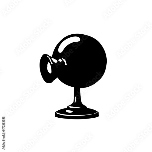 Stylized monochromatic representation of a vintage optical device with a spherical shape