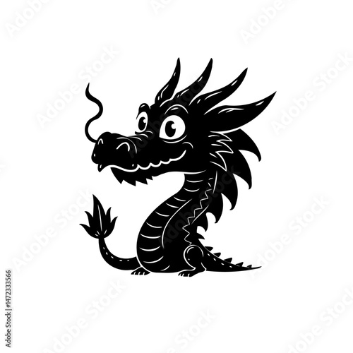 Whimsical Black Dragon Silhouette with a Playful Expression and Curved Tail