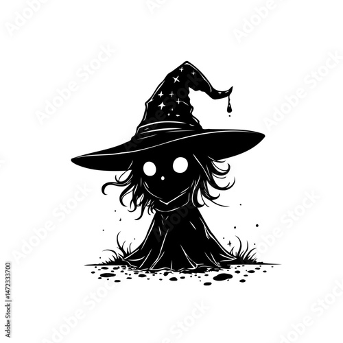 Whimsical Witch Silhouette with Star-Studded Hat on Simple White Backdrop