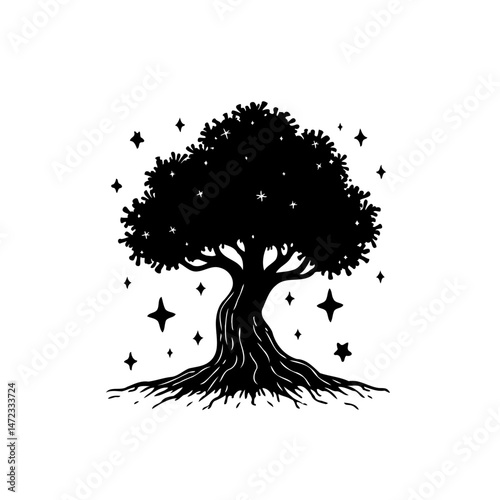 Enigmatic silhouette: Mystical tree with celestial starlight creates enchanting scene