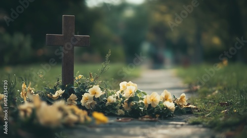 Christian grave marker with wooden cross surrounded by fresh yellow flowers creates somber memorial scene on cemetery path at sunset