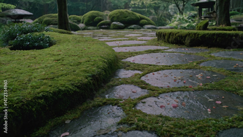 Light spring rain falling on a moss-covered stone path in a Japanese garden surrounded by green plants and scattered sakura petals of early morning
