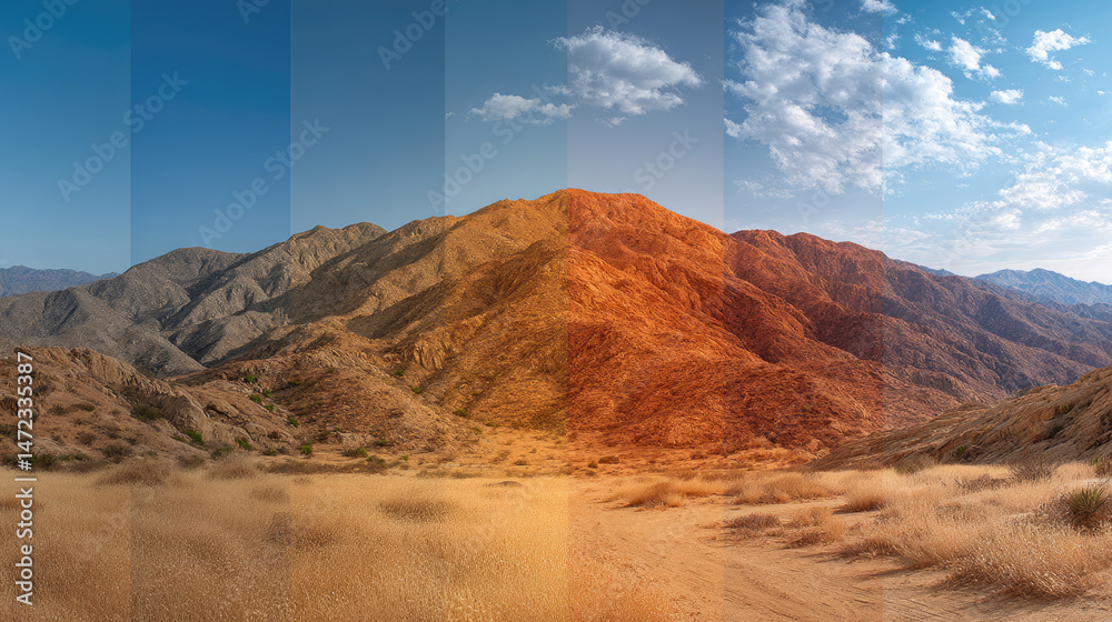 Naklejka premium A mountain landscape under a partly cloudy sky, shown with various color tones and lighting effects.