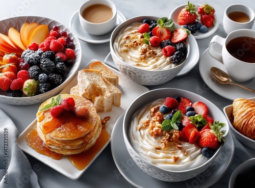 Delicious breakfast spread featuring fluffy pancakes, fresh berries, yogurt bowls, and coffee, perfect for a joyful morning gathering and cheerful brunch celebration.