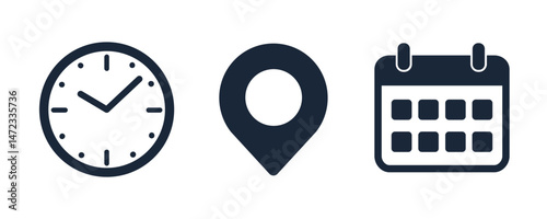 Date, time and address icon set, reminder calendar, clock, stopwatch timer, location pin signs, business schedule signs - vector