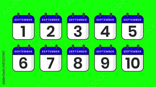 Animated calendar icons showing the first ten days of September, from the 1st to the 10th. Represented with a simple, clean, and colorful calendar icon.