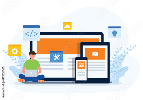 flat vector design web development and application developer working computer laptop and mobile device

