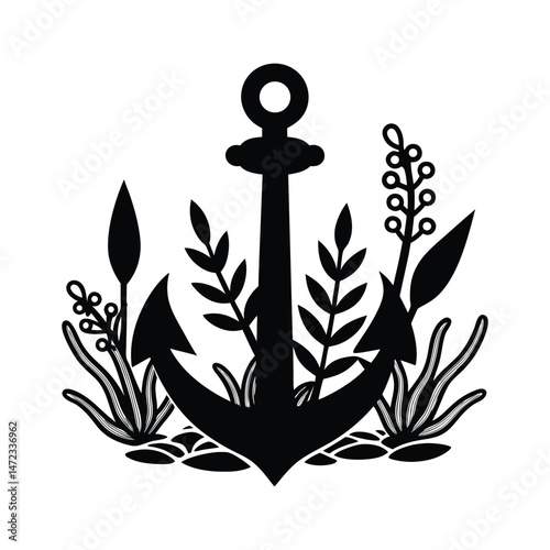 Silhouette of a anchor stuck in ocean bed with sea plants