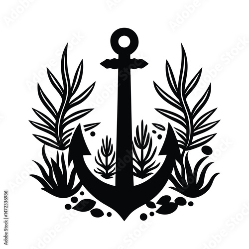 Silhouette of a anchor stuck in ocean bed with sea plants