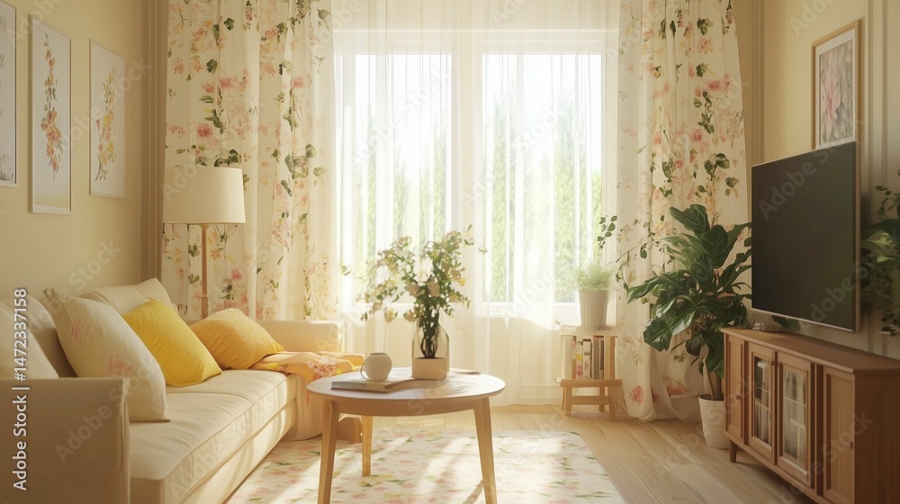 Fototapeta premium AI-generated cozy living room with floral curtains, a beige sofa, and a wooden coffee table